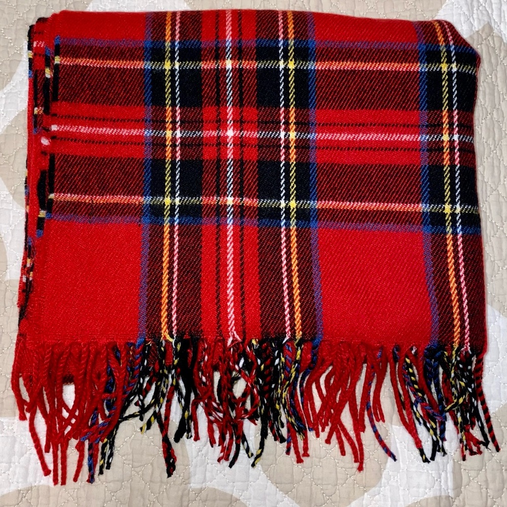 NWOT J Crew Plaid Red Fringe Scarf Apprx 24’x78’ - Picture 1 of 4